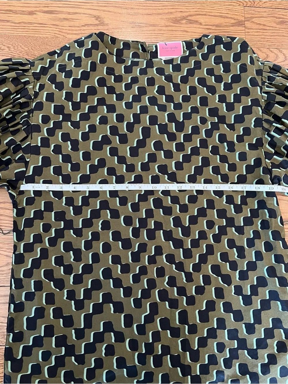 kate spade Olive and Black Geometric Midi Dress with Puff Sleeves